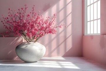 A pink wall behind the vase is loaded with pink flowers, as is a pink table with a vase full of pink flowers on top of it next to it. Beautiful shot featuring a coffee cup and a vase of flowers.