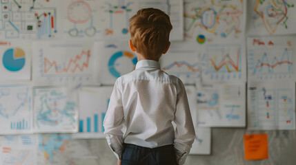 Child businessman looking to financial planner mind map, learning about finances and data analysis to create returns and financial freedom from a young age