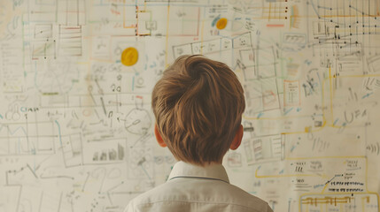 Fototapeta premium Child businessman looking to financial planner mind map, learning about finances and data analysis to create returns and financial freedom from a young age