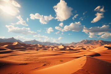 Desert landscape with sand dunes, mountains, and cumulus clouds in the sky - obrazy, fototapety, plakaty