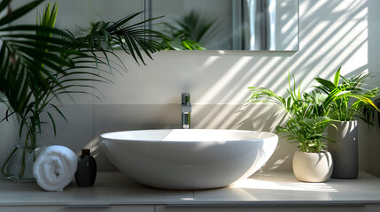 Fototapeta na wymiar A minimalist bathroom with a focus on simplicity, natural sunlight, and a single green plant for a tranquil vibe