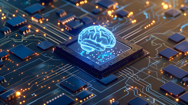 AI technology or artificial intelligence that has become a part of human life, AI helps humans work more easily, hologram brain floating out from microchip, neural network concept