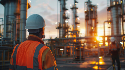 Oil refinery worker in safety gear overseeing operations at dusk with industrial structures silhouetted against the sunset.