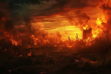Apocalyptic scene fire. Empty ruin. Generate Ai