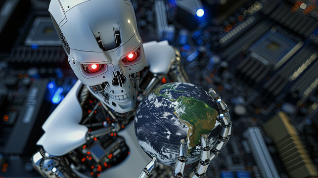 scary menacing facial expression of AI robot with red eyes looking into camera holding the earth in its hands.