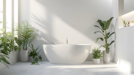 An immaculate white bathroom bathed in natural sunlight featuring plants and a stand-alone bathtub
