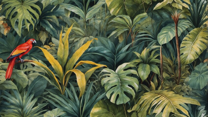Jungle landscape depicted in watercolor, creating a retro wallpaper pattern with timeless appeal. - obrazy, fototapety, plakaty