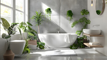 A chic and refined bathroom with sunlight filtering through, surrounded by sophisticated greenery