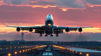 A large jetliner takes off from an airport runway at sunset or dawn.