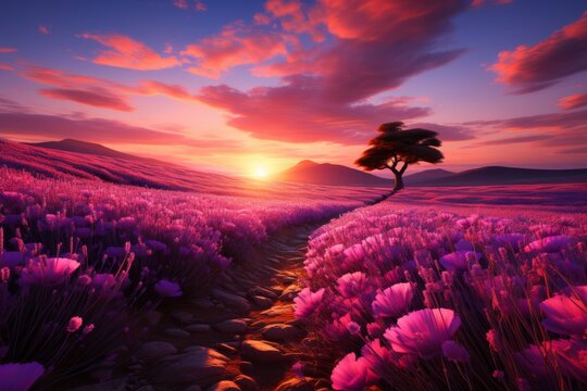 Tree stands tall amidst purple flowers in field at sunset