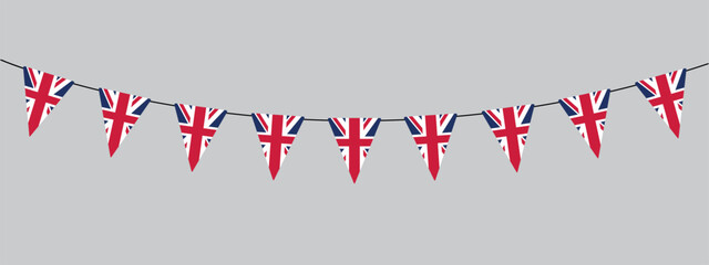 Coronation, bunting garland with british pennants, string of triangular flags, vector decorative element