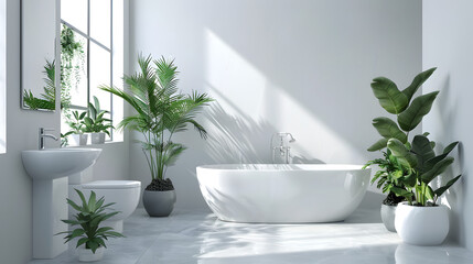An immaculate, white bathroom focuses on simplicity and sunlight through the window with plants adding a touch of nature