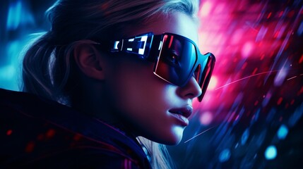 Girl experiences augmented reality. Beautiful background enhances the journey.