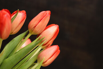 Bouquet of pink tulips on a dark wooden background. Bouquet of flowers with selective focus. Tulips with copy space. Mother's Day, Easter, Valentine's Day. Spring flowers