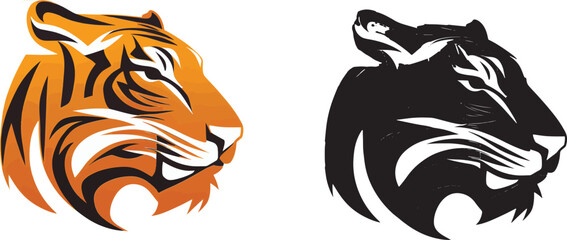 Obraz premium Strong tiger muzzle head color and black monochrome contour logo for t shirt print set vector flat illustration.