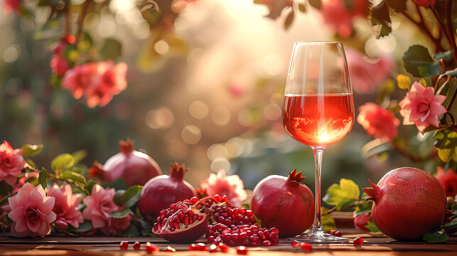 Glass of pomegranate wine against the backdrop of a blooming garden and a ripe grant harvest. Free space for text.