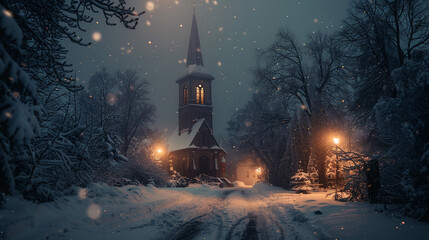 Midnight church bells, silent night falls, peace blankets souls. - obrazy, fototapety, plakaty