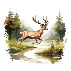 A graceful deer leaping over a stream in a forest