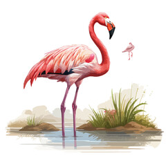A graceful flamingo wading in a shallow marsh