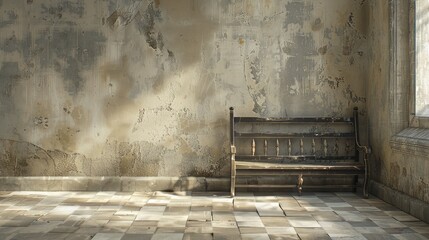 Old concept, faded cement wall and tile floor, next to the old wall there are benches and chairs.