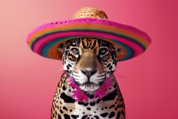 A jaguar wearing a sombrero and a pink flower around its neck. The image has a playful