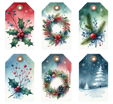 Set Of Watercolor Christmas Gift Tags With Festive Motifs Isolated On White Background.