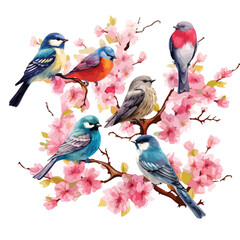 A group of cheerful songbirds chirping in a blossomin