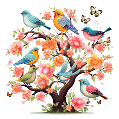 A group of cheerful songbirds chirping in a blossomin