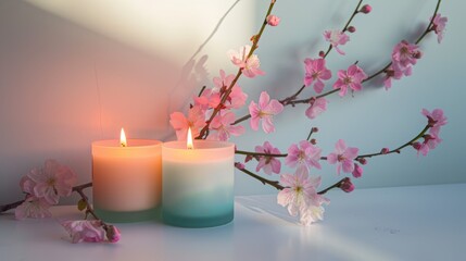 two lit candles in pastel-colored and a branch of pink blossoms, all placed on a white surface against the backdrop