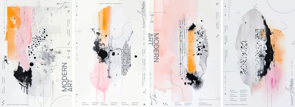 A series of four abstract designs, each featuring soft pastel colors like pink, black, yellow, and white, creating an artistic and modern aesthetic