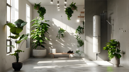 A spacious, modern bathroom featuring abundant greenery, a bench, and a minimalist aesthetic bathed in natural light