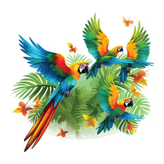 A group of colorful parrots flying through a tropical