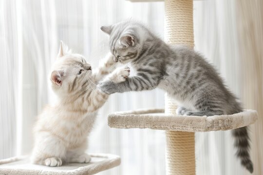 Two Cats Playfully Wrestling on Multi-Level Cat Condo, Portraying Playful and Energetic Feline Interaction Concept