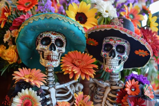 Two skeletons wearing sombreros and flower garlands. The skeletons are surrounded by flowers