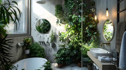 This sunlit modern bathroom boasts a myriad of plants against industrial textures, fusing urban and natural elements