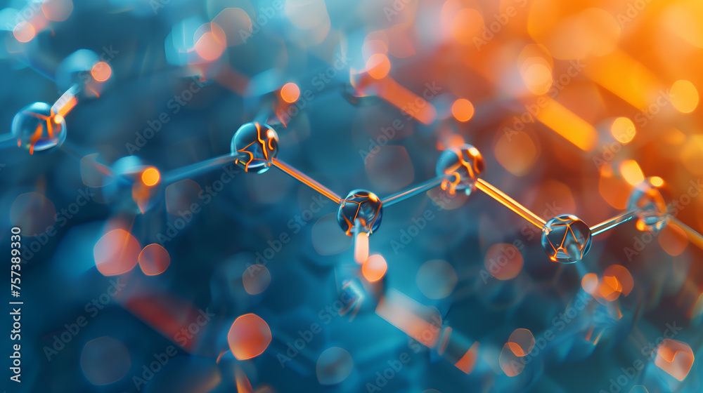 Wall mural carbon molecules on a blue and orange gradient color, highlighting molecular structure for scientifi