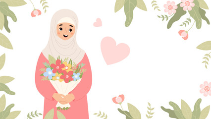 Cute muslim woman in hijab with bouquet flower. Islamic female ethnic character on floral background. Holiday poster with empty space for text Horizontal banner. Vector illustration