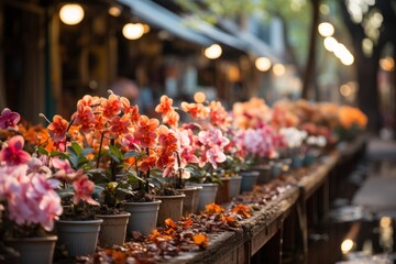 Row of potted flowers on wooden table, perfect for flower arranging