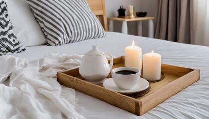 Fototapeta na wymiar Hygge concept Coffee and candle filled wooden tray on a bed accompanied by white bedding striped blanket and pillow serving breakfast
