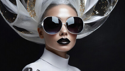 Female fashion model and fashionista with black lipstick and sunglasses