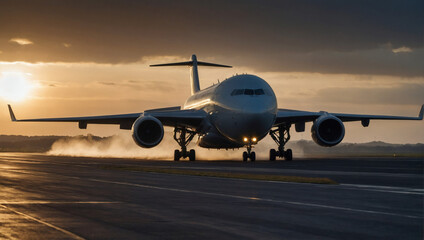 Fototapeta na wymiar Large Aircraft Soaring from the Runway in the Early Morning Light, Wheels Preparing to Retract.