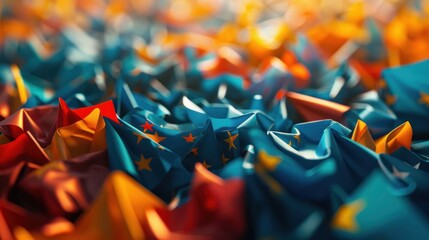 A colorful pile of paper with stars and flags. The colors are bright and the flags are of different sizes - obrazy, fototapety, plakaty