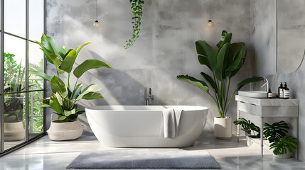 Modern bathroom design that merges indoor luxury with outdoor greenery, large windows invite natural light, amplifying the space
