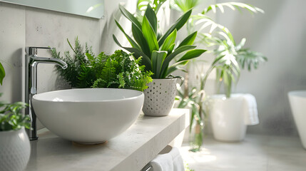 A modern bathroom setting featuring a white basin, green potted plants and natural light that creates a fresh, airy atmosphere