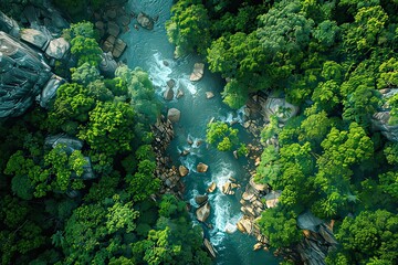  A bird's eye view of dense woodlands, interspersed with craggy outcrops and water