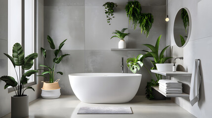 Sunlight streams into a stylish bathroom featuring a modern freestanding tub, green plants, and sleek design elements for peaceful clarity