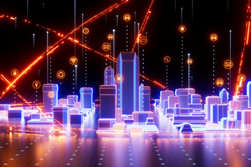 Aerial view of night cityscape with icons. Concept of smart city, iot, smart services, modern city, internet of things, augmented reality and wireless communication network. 3D rendering.