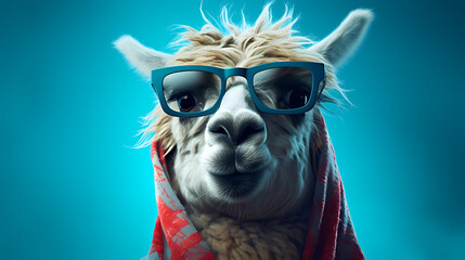 A stylish llama wearing sunglasses against a vibrant background