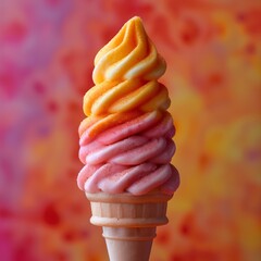 Vibrant swirl ice cream cone against colorful background: close-up of a twisted soft serve ice cream with a whimsical pink and yellow color