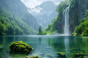 peaceful river meandering in a verdant valley, A computer-generated image of a magical mountain valley with tumbling waterfalls in the middle of a lake surrounded by mountains. A forest waterfall - obrazy, fototapety, plakaty